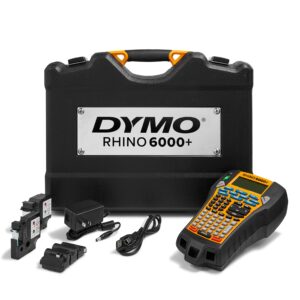 dymo rhino 6000 industrial label maker, computer connected label maker with hard carry case, 1 vinyl tape cassette, 1 flexible nylon tape cassette and rechargeable lithium ion battery