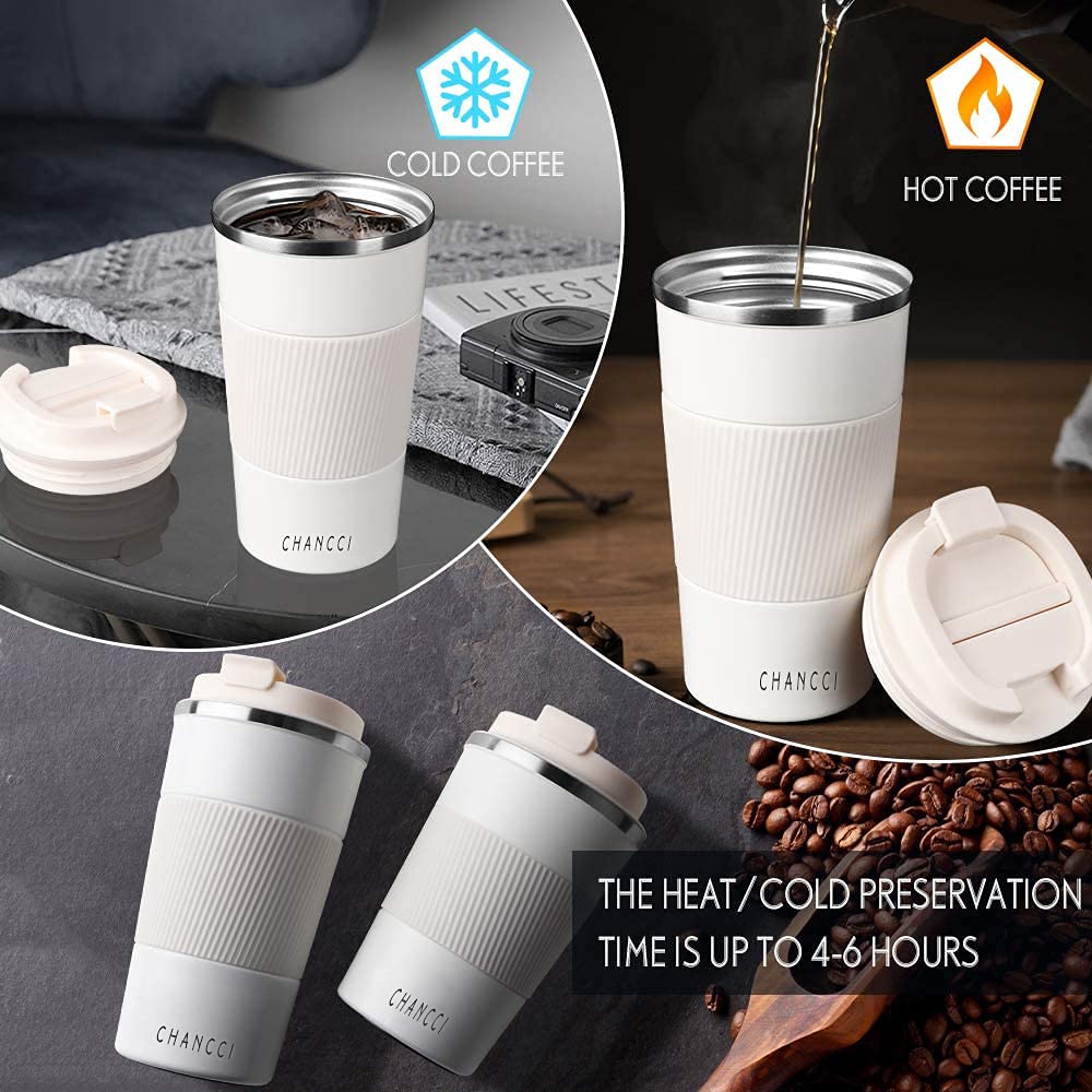 Travel Coffee Mug Spill Proof Leakproof 12 oz Insulated Coffee Mug with Screw Lid, Stainless Steel Vacuum Tumbler Reusable Thermal Coffee Cup to go for Hot and Cold Drinks -380ml, White