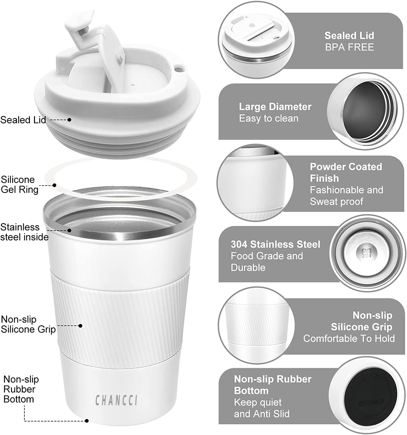 Travel Coffee Mug Spill Proof Leakproof 12 oz Insulated Coffee Mug with Screw Lid, Stainless Steel Vacuum Tumbler Reusable Thermal Coffee Cup to go for Hot and Cold Drinks -380ml, White