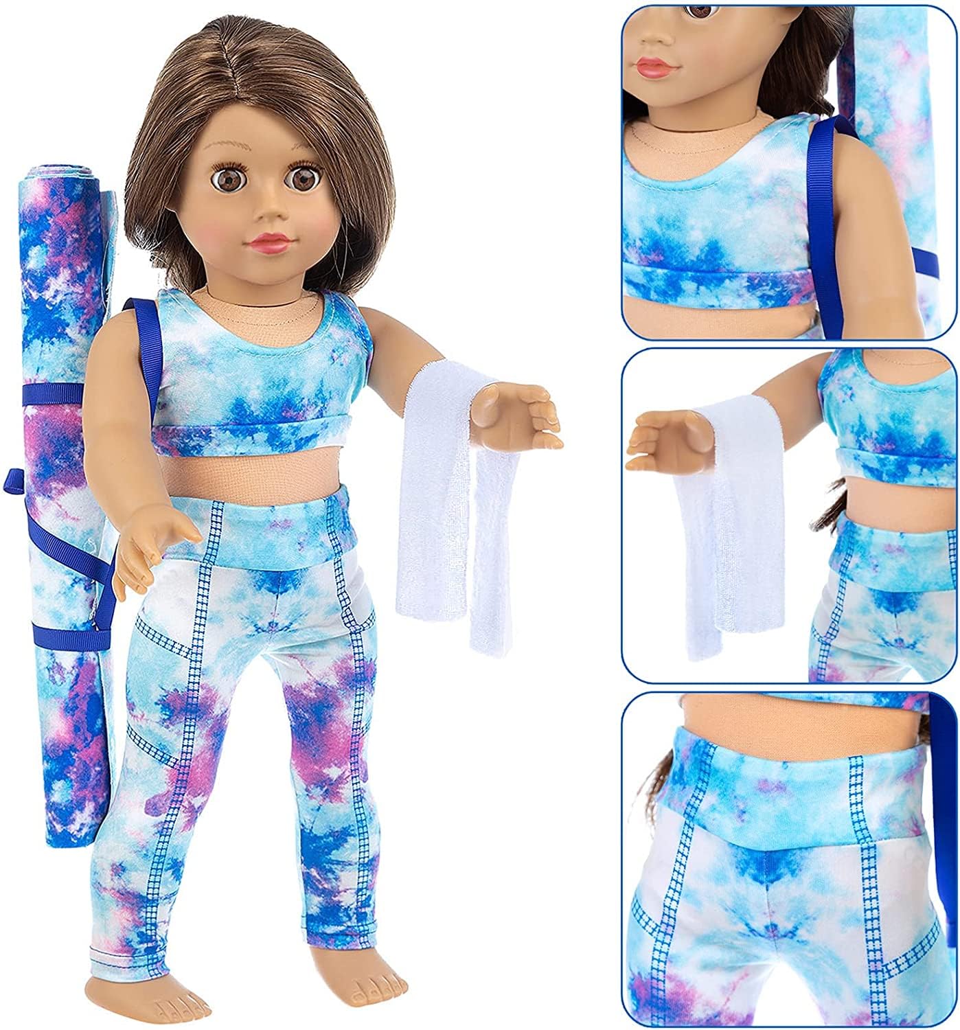 Ecore Fun 3 Items 18 Inch Doll Clothes Yoga Pilates Sports Clothes Gymnastics Yoga Exercise Outfit Sets includes Vest Suit, Yoga Mat and Towel