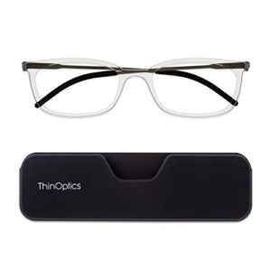 thinoptics unisex adult glasses reading, attachable case / rectangle clear, 2.00 us