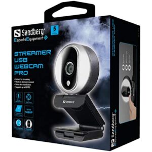 Sandberg USB Streamer Webcam Pro | Streaming Camera for Gaming Video Calls | 1080P Webcam with Microphone for PC MacBook | Ring Light | Plug & Play | Clip-on and Tripod Ready