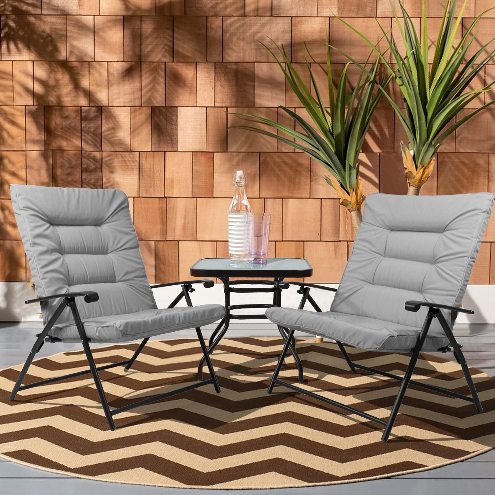 Omelaza 3 Pieces Patio Padded Folding Chair, Outdoor Adjustable Reclining Lounge Chairs with Tempered Glass Table (Grey)