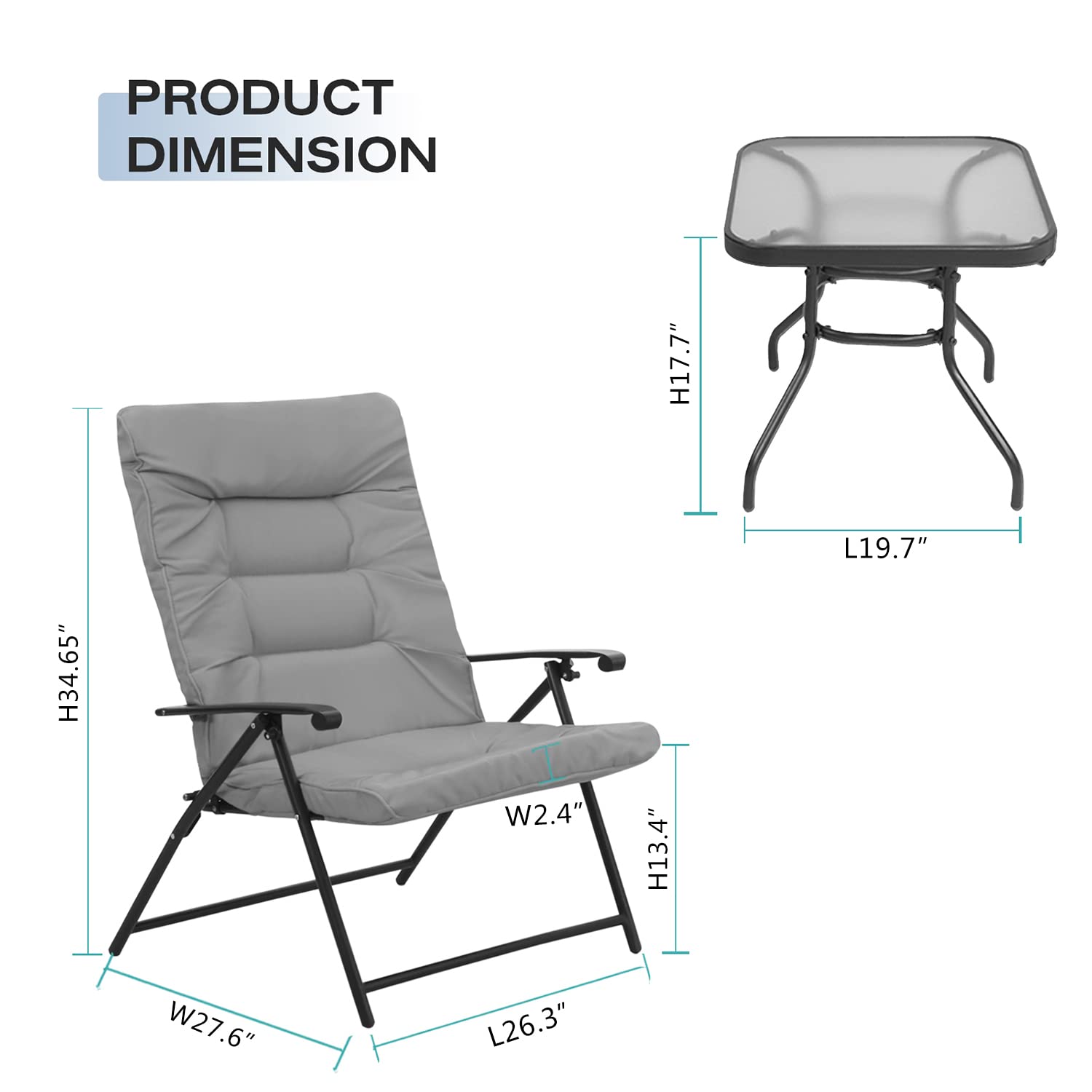 Omelaza 3 Pieces Patio Padded Folding Chair, Outdoor Adjustable Reclining Lounge Chairs with Tempered Glass Table (Grey)