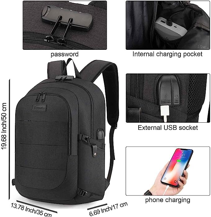 Tzowla Anti-Theft Water Resistant 17.3 Inch Laptop Backpack with USB Charging Port and Lock, Black