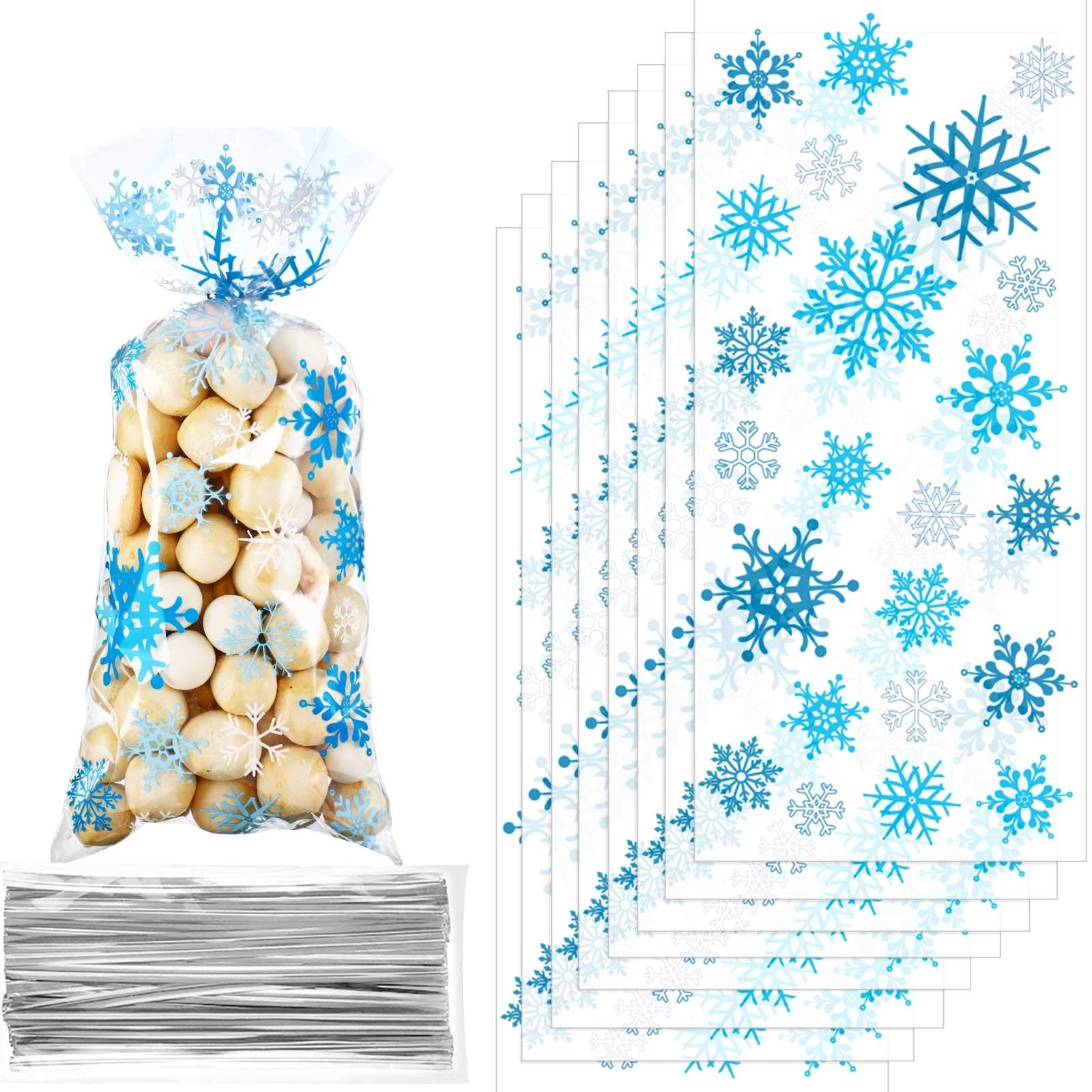 Christmas Cellophane Bags Winter Snowflake Holiday Treat Bags Blue Plastic Candy Goodie Bags with Twist Ties for Winter Xmas Wonderland Birthday Holiday Party Favors(100 Counts)