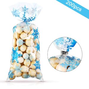 Christmas Cellophane Bags Winter Snowflake Holiday Treat Bags Blue Plastic Candy Goodie Bags with Twist Ties for Winter Xmas Wonderland Birthday Holiday Party Favors(100 Counts)