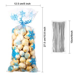 Christmas Cellophane Bags Winter Snowflake Holiday Treat Bags Blue Plastic Candy Goodie Bags with Twist Ties for Winter Xmas Wonderland Birthday Holiday Party Favors(100 Counts)