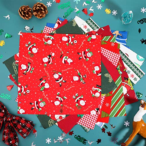 40 Pieces Christmas Fabric Quilting Fabric Squares Fat Quarters Precut Sewing Fabric Patchwork Christmas Tree Snowflake Printed Fabric Scraps for Dress Apron Crafts, 10 x 10 Inch/ 25 x 25 cm