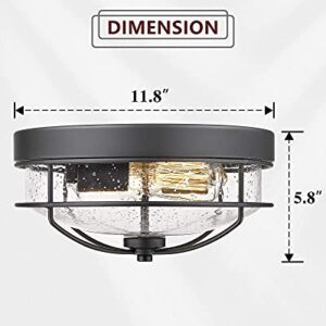 HWH INVESTMENT Flush Mount Ceiling Light Fixtures, 12 inch 2-Light Farmhouse Close to Ceiling Light Fixture with Seeded Glass Shade, Sand Black Finish, 5HTJ7-F BK