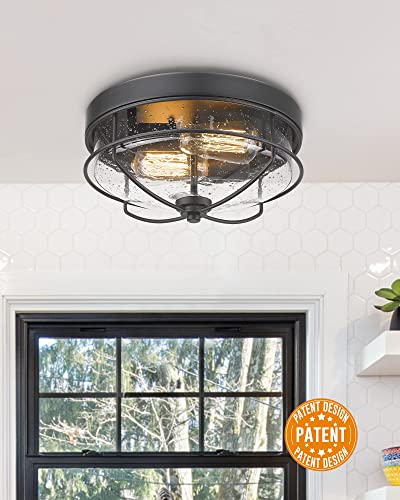 HWH INVESTMENT Flush Mount Ceiling Light Fixtures, 12 inch 2-Light Farmhouse Close to Ceiling Light Fixture with Seeded Glass Shade, Sand Black Finish, 5HTJ7-F BK