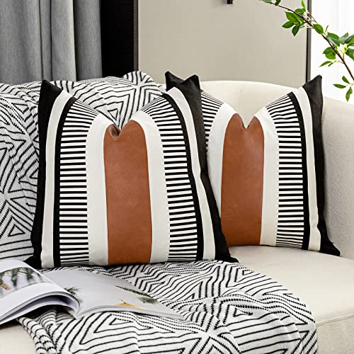 Vfuty Pack of 2 Farmhouse Throw Pillow Covers for Couch Sofa Decorative Faux Leather Square Cushion Cover Tribal Stripe Accent Pillow Case 18 x 18 Inch,Black