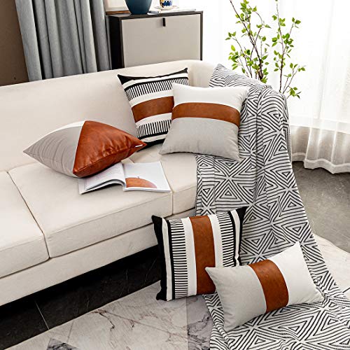 Vfuty Pack of 2 Farmhouse Throw Pillow Covers for Couch Sofa Decorative Faux Leather Square Cushion Cover Tribal Stripe Accent Pillow Case 18 x 18 Inch,Black