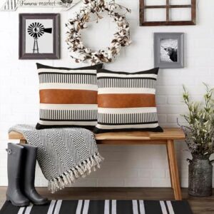 Vfuty Pack of 2 Farmhouse Throw Pillow Covers for Couch Sofa Decorative Faux Leather Square Cushion Cover Tribal Stripe Accent Pillow Case 18 x 18 Inch,Black