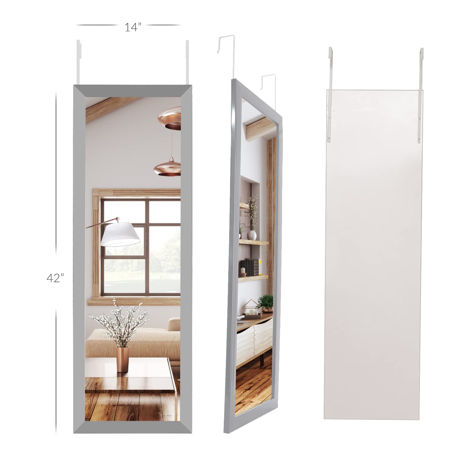 Mirrorize Full Length Over The Door Mirror, Long Door Hanging, Large Mirrors for Wall Full Body, Shatterproof Tall Floor Mirror, 42"X14", Silver