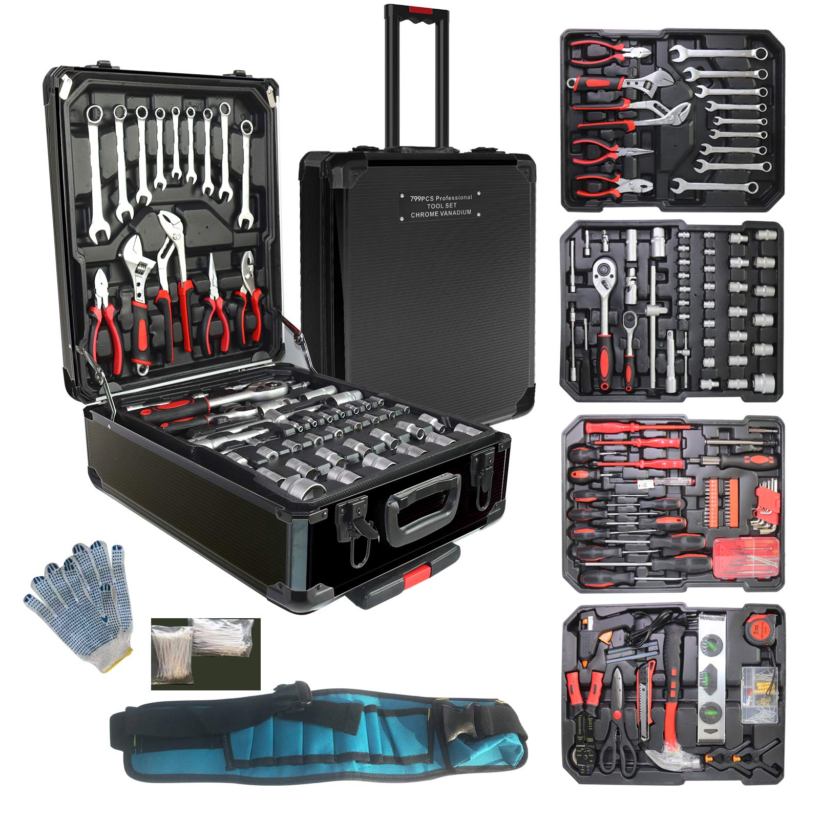 Arcwares 799pcs Aluminum Trolley Case Tool Set Silver, House Repair Kit Set, Household Hand Tool Set, with Tool Belt,Gift on Father's Day (Black)