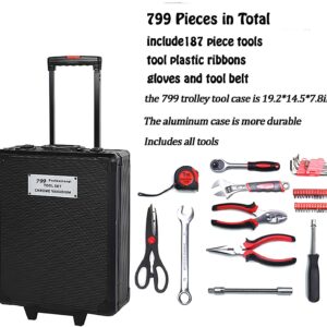 Arcwares 799pcs Aluminum Trolley Case Tool Set Silver, House Repair Kit Set, Household Hand Tool Set, with Tool Belt,Gift on Father's Day (Black)