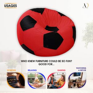 Ample Decor Soccer Bean Bag Cover (Filler Not Included), Leatherette Durable Double Stitched Material Sturdy Zippers, Ideal for Children and Teenagers - Red and Black