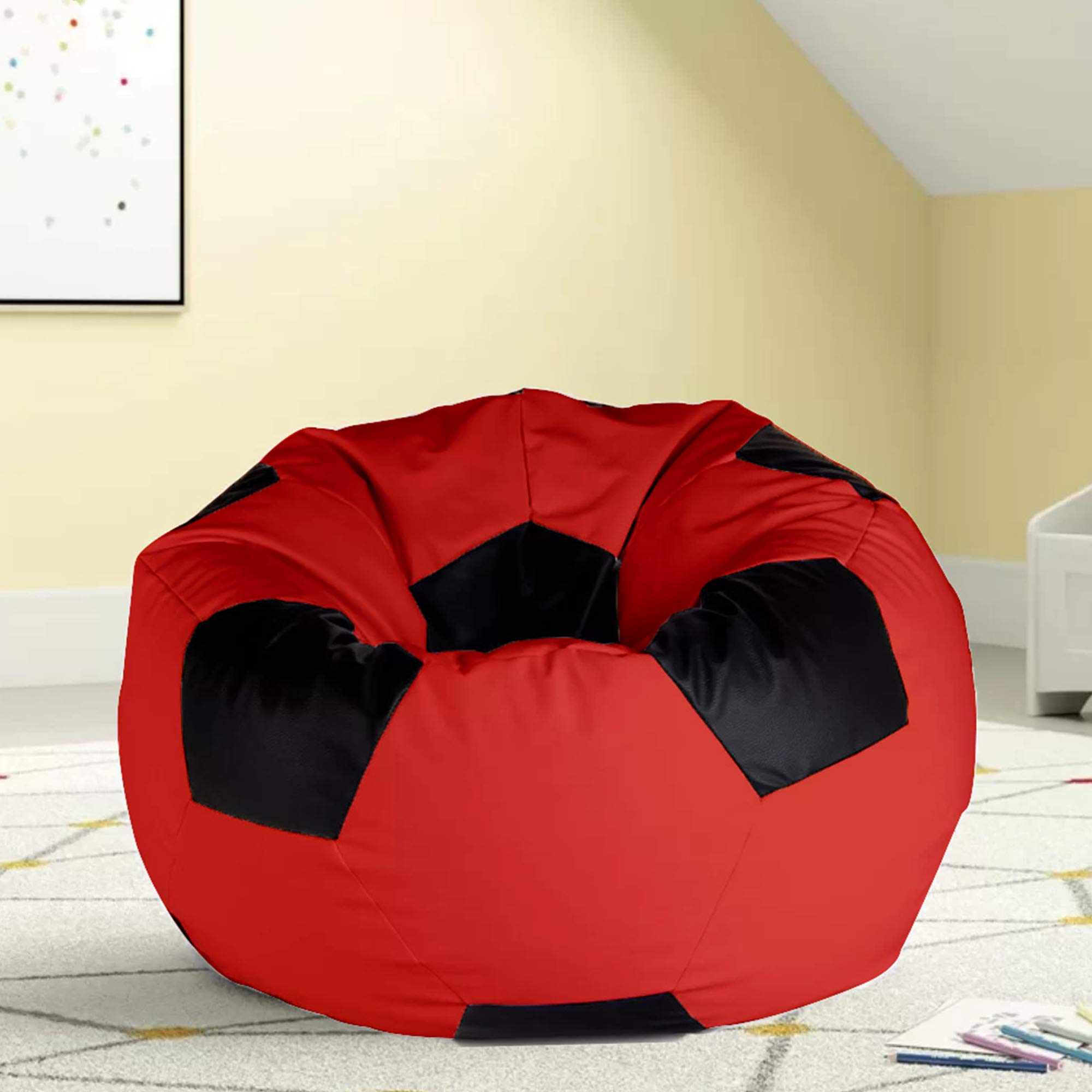 Ample Decor Soccer Bean Bag Cover (Filler Not Included), Leatherette Durable Double Stitched Material Sturdy Zippers, Ideal for Children and Teenagers - Red and Black