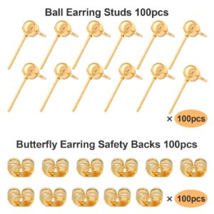 100pcs Ball Earring Studs with 100pcs Butterfly Earring Backs,KC Gold Round Ball Earring Hypoallergenic Ear Pins Spherical Earrings Earring Studs for Jewelry Making DIY Earring