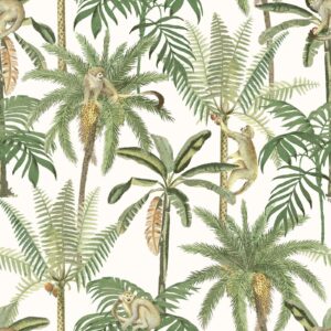 World of Wallpaper Amazonia Monkey Tropical Exotic Palm Trees Jungle Animal Print Wallpaper White WOW043