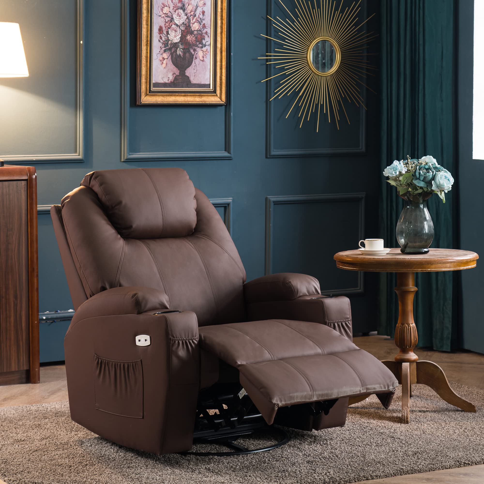 MCombo Manual Swivel Glider Rocker Recliner Chair with Massage and Heat for Adult, Cup Holders, USB Ports, 2 Side Pockets, Faux Leather 8031 (Light Brown)