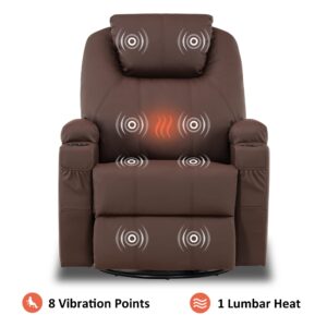 MCombo Manual Swivel Glider Rocker Recliner Chair with Massage and Heat for Adult, Cup Holders, USB Ports, 2 Side Pockets, Faux Leather 8031 (Light Brown)