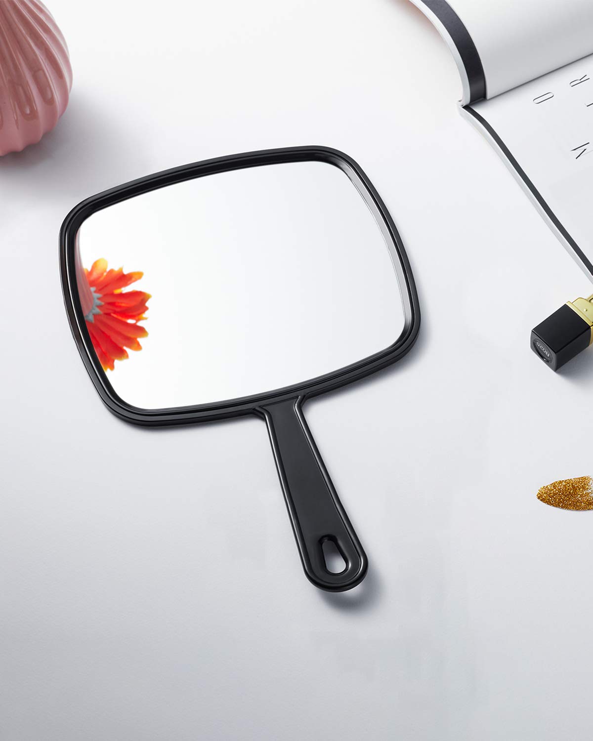 PROTECLE Large Hand Mirror, Salon Barber Hairdressing Handheld Mirror with Handle (Square Black 10.3"x7.4")