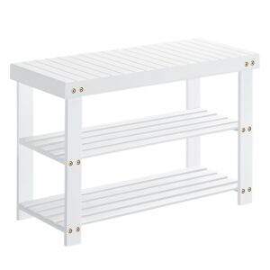 songmics shoe rack bench, 3-tier bamboo shoe storage organizer, entryway bench, holds up to 286 lb, 11.3 x 27.6 x 17.8 inches, for entryway bathroom bedroom, white ulbs004w01