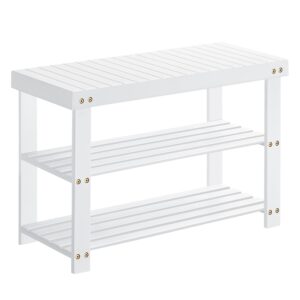 SONGMICS Shoe Rack Bench, 3-Tier Bamboo Shoe Storage Organizer, Entryway Bench, Holds Up to 286 lb, 11.3 x 27.6 x 17.8 Inches, for Entryway Bathroom Bedroom, White ULBS004W01