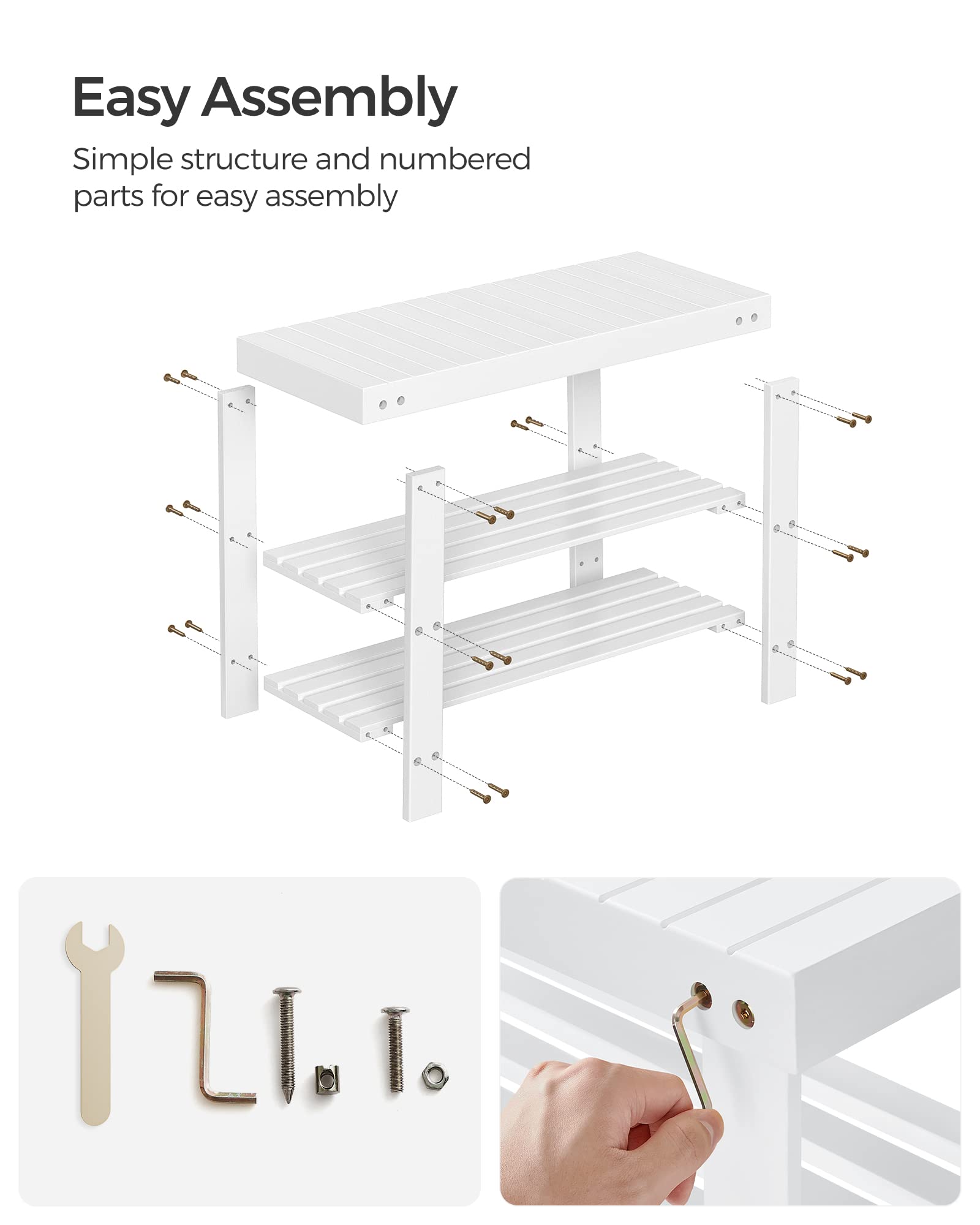 SONGMICS Shoe Rack Bench, 3-Tier Bamboo Shoe Storage Organizer, Entryway Bench, Holds Up to 286 lb, 11.3 x 27.6 x 17.8 Inches, for Entryway Bathroom Bedroom, White ULBS004W01