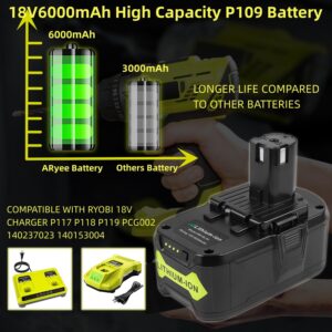 ARyee 2Pack 6000Ah 18V P108 P109 Replacement Battery for Ryobi 18V Cordless Power Tools Lithium-Ion Battery for Ryobi One+ P104 P105 P102 P103 P107