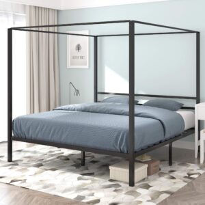 YITAHOME Metal Four Poster Canopy Bed Frame 14 Inch Platform with Built-in Headboard Strong Metal Slat Mattress Support, No Box Spring Needed, Black, King Size