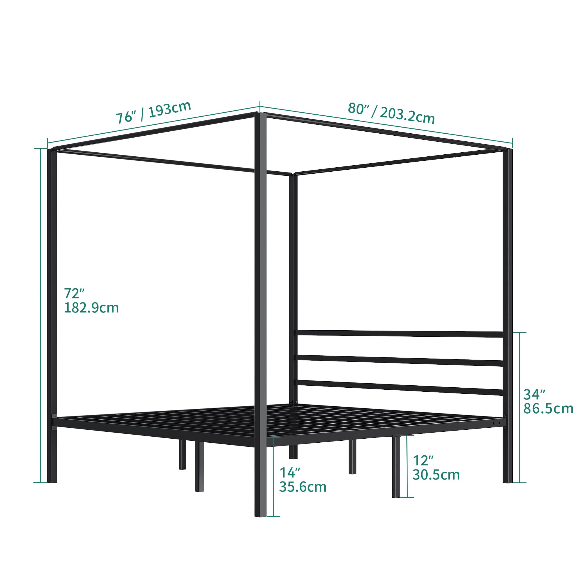 YITAHOME Metal Four Poster Canopy Bed Frame 14 Inch Platform with Built-in Headboard Strong Metal Slat Mattress Support, No Box Spring Needed, Black, King Size