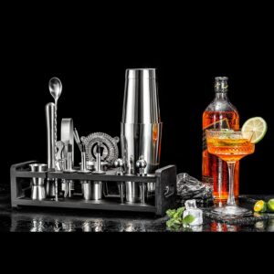 Soing 24-Piece Cocktail Shaker Set,Perfect Home Bartender Kit for Drink Mixing,Stainless Steel Bar Tools with Stand,Velvet Carry Bag & Recipes Cards Included (Silver)