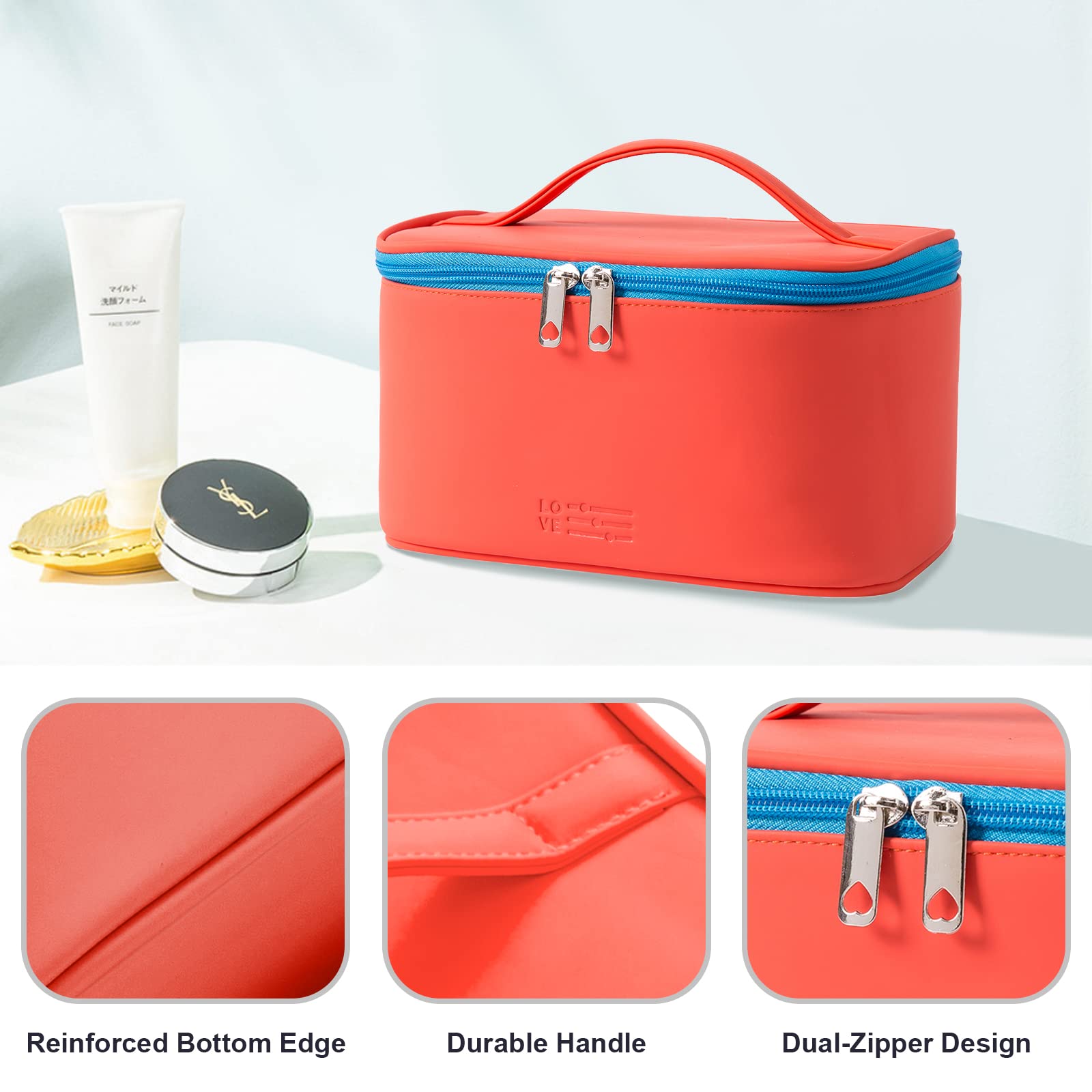 Makeup Bag Portable Travel Cosmetic Bag for Women, Beauty Zipper Makeup Organizer PU Leather Washable Waterproof (Red)