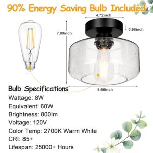 Industrial Semi Flush Mount Ceiling Light, 800 Lumen LED Bulb Included, Seeded Glass Shade Farmhouse Light Fixture for Hallway Corridor Kitchen Bathroom Bedroom Passway