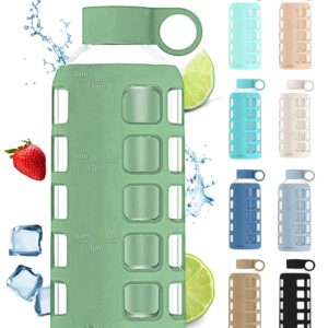 purifyou Premium 40/32 / 22/12 oz Glass Water Bottles with Volume & Times to Drink, Silicone Sleeve & Stainless Steel Lid Insert, Reusable Bottle for Fridge Water, Milk, Juice (22oz Shale Green)