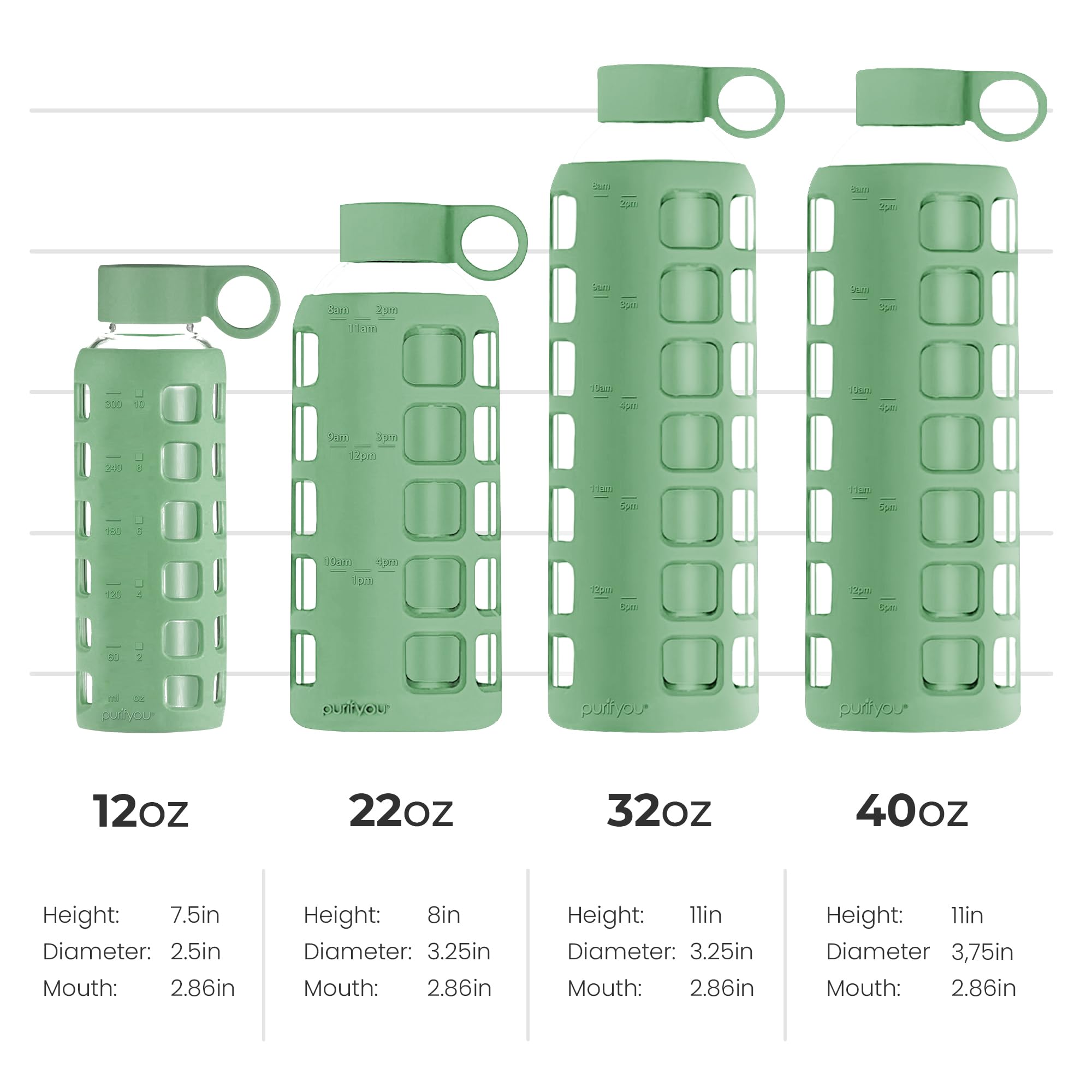 purifyou Premium 40/32 / 22/12 oz Glass Water Bottles with Volume & Times to Drink, Silicone Sleeve & Stainless Steel Lid Insert, Reusable Bottle for Fridge Water, Milk, Juice (22oz Shale Green)