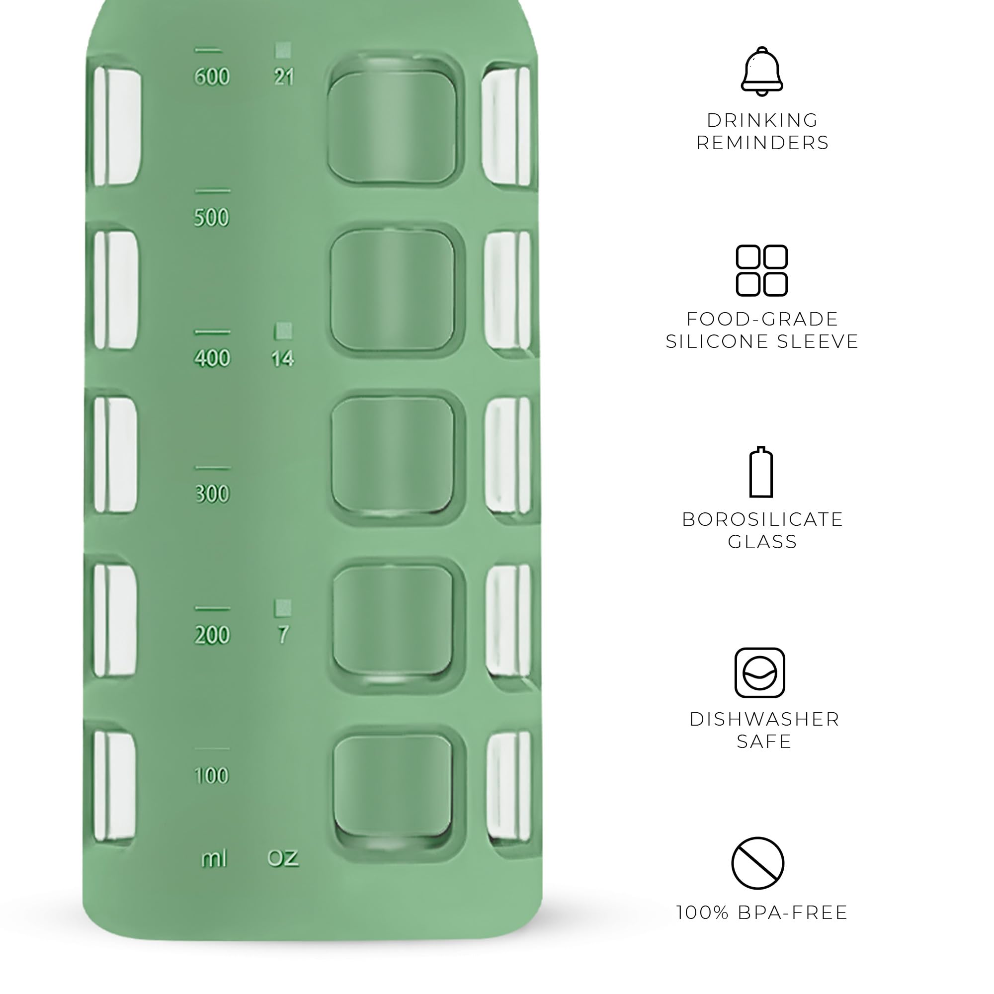 purifyou Premium 40/32 / 22/12 oz Glass Water Bottles with Volume & Times to Drink, Silicone Sleeve & Stainless Steel Lid Insert, Reusable Bottle for Fridge Water, Milk, Juice (22oz Shale Green)