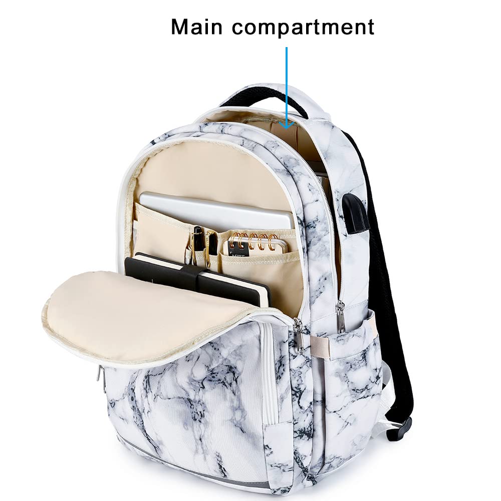 Bluboon Backpack for Women 15.6 Inch Laptop Bookbag College Bag with USB Port (Marble White)