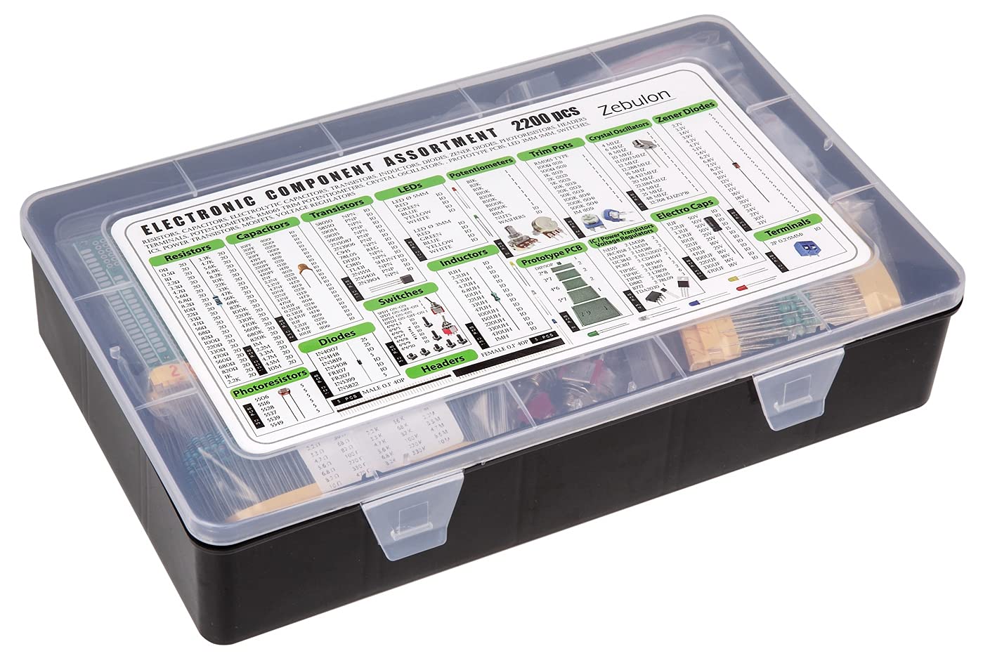 2200 pcs Electronic Component Assortment Kit, Capacitors, Resistors, Transistors, Inductors, Diodes, Potentiometer, IC, LED and PCB