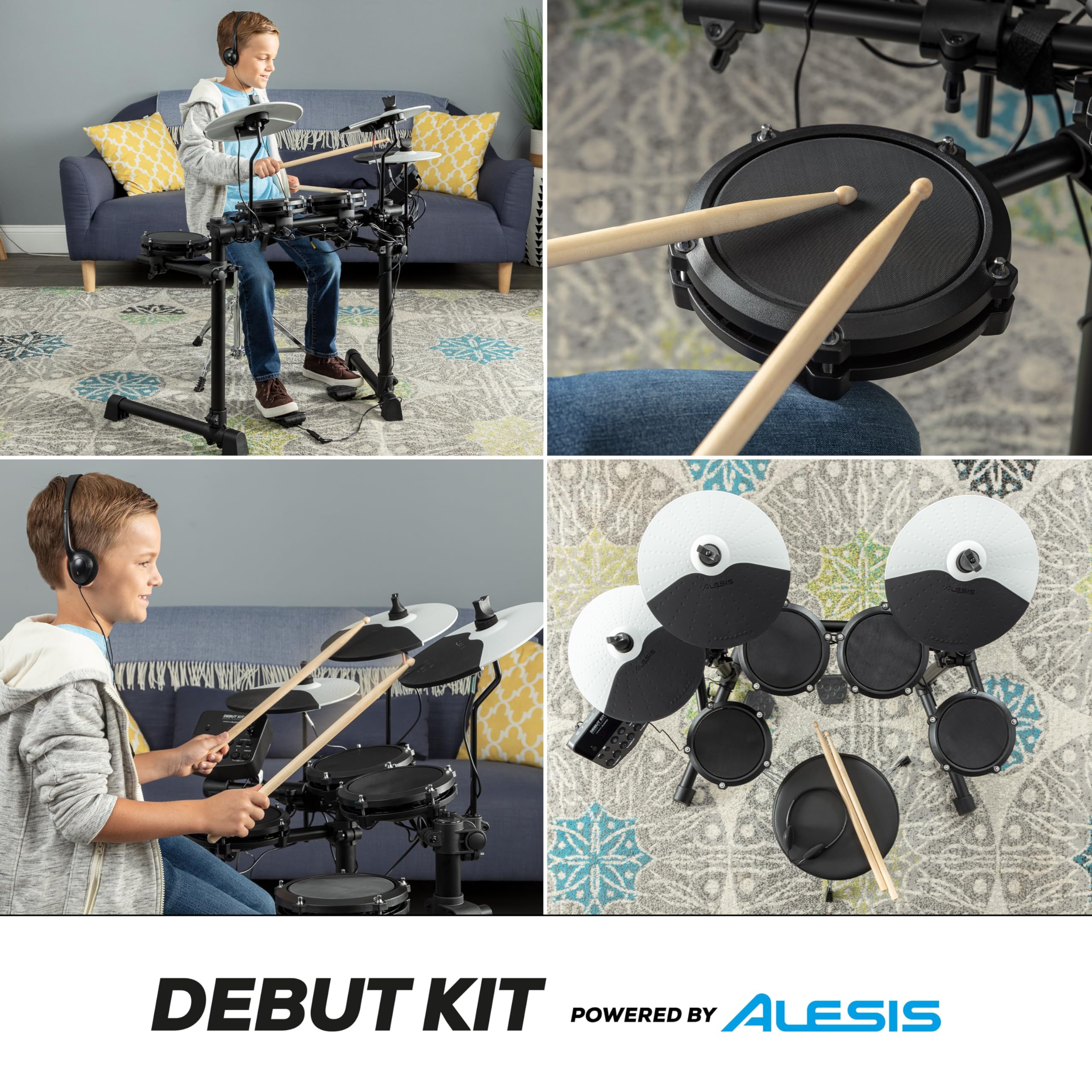 Alesis Drums Debut Kit – Kids Drum Set With 4 Quiet Mesh Electric Drum Pads, 120 Sounds, Drum Stool, Drum Sticks, Headphones and 100 Melodics Lessons