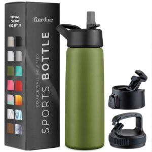 FineDine Triple Walled, Insulated Water Bottles with Straw - 25 Oz Stainless Steel Metal Bottle W/ 3 Leak Proof Lids - For Travel, School, Sports, Gym / Men, Women & Kids - Army Green