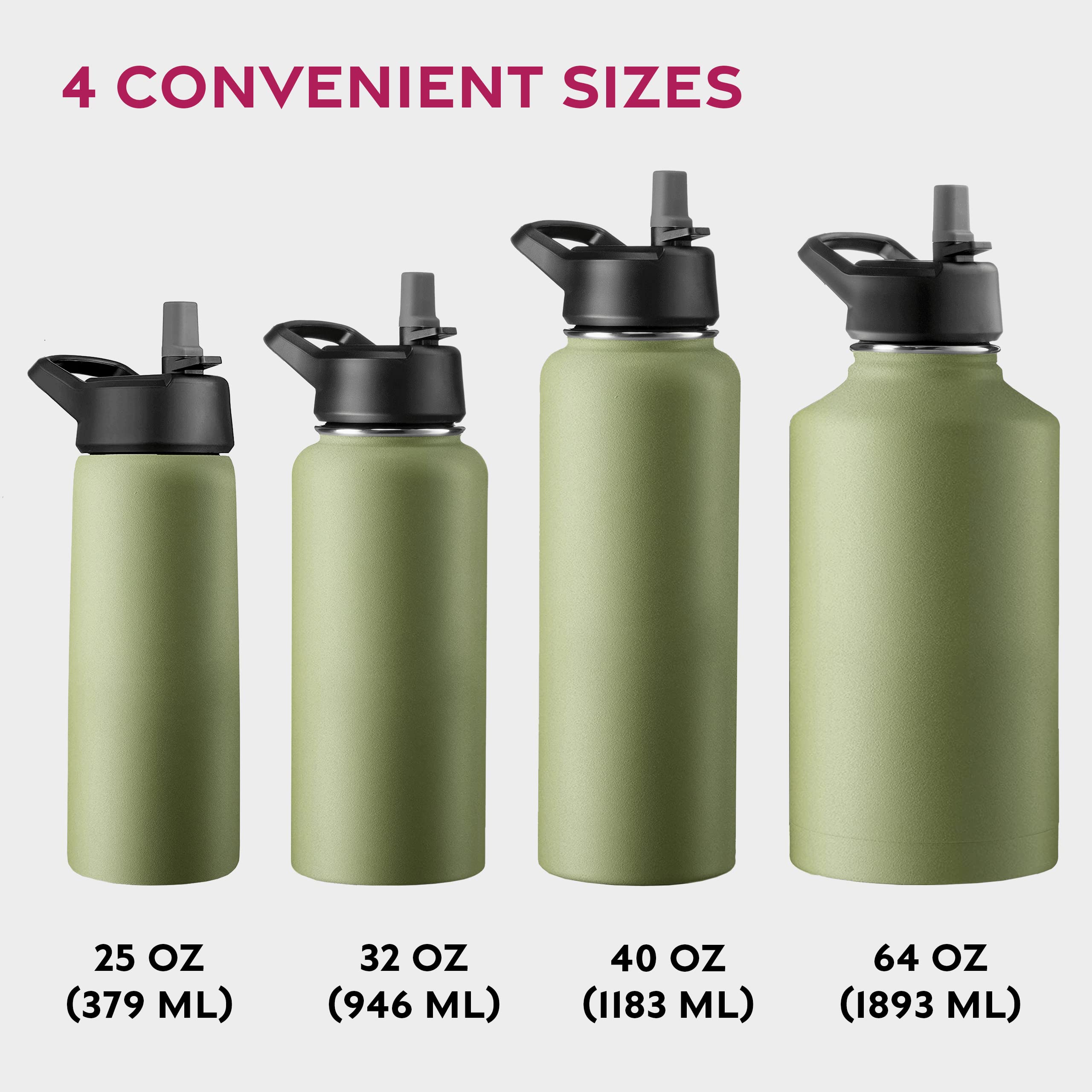 FineDine Triple Walled, Insulated Water Bottles with Straw - 25 Oz Stainless Steel Metal Bottle W/ 3 Leak Proof Lids - For Travel, School, Sports, Gym / Men, Women & Kids - Army Green