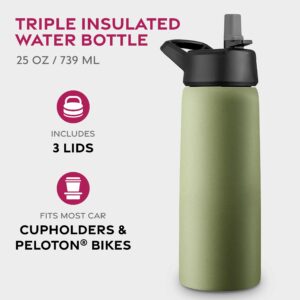 FineDine Triple Walled, Insulated Water Bottles with Straw - 25 Oz Stainless Steel Metal Bottle W/ 3 Leak Proof Lids - For Travel, School, Sports, Gym / Men, Women & Kids - Army Green