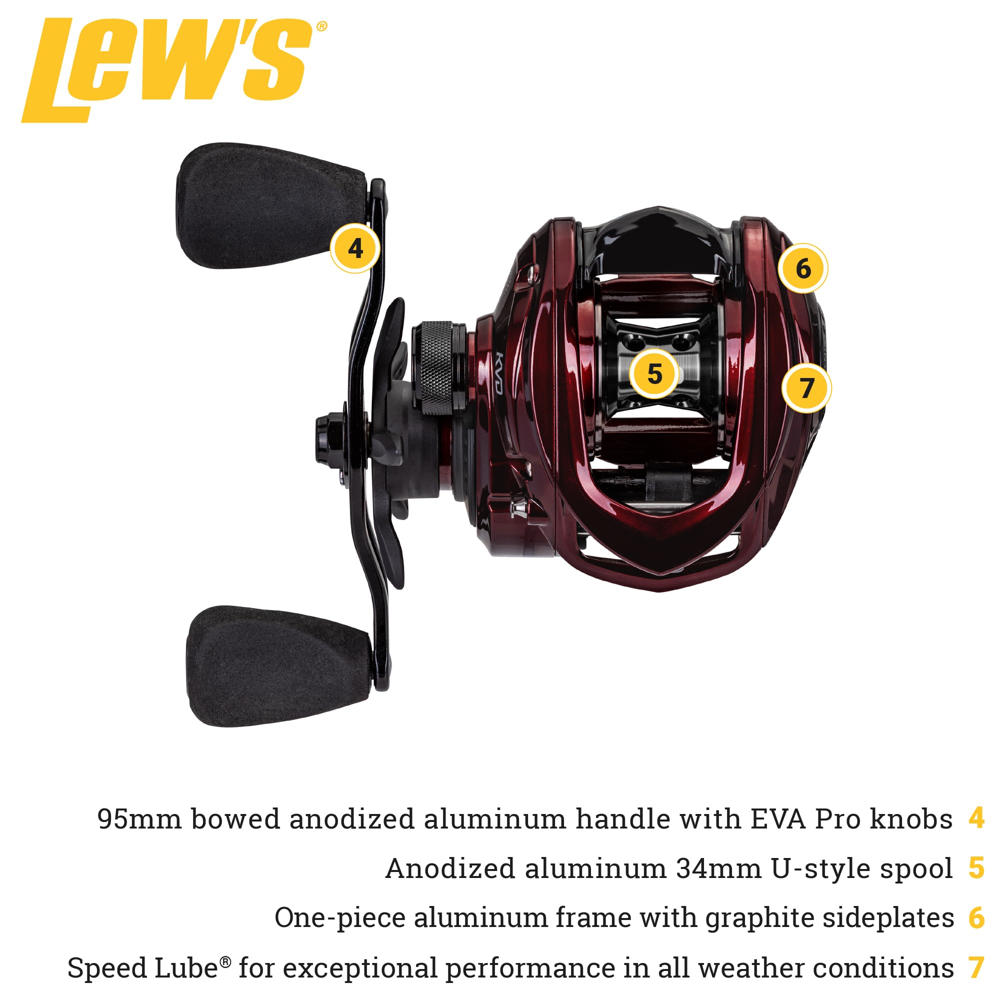 Lew's KVD 7.5:1 Right Hand Baitcast Reel, Maroon, One Size, (KVD1SH)