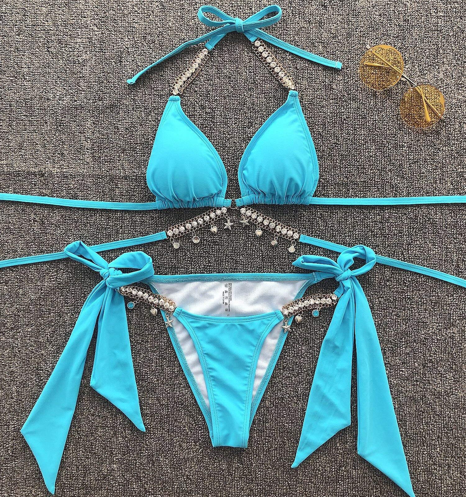 BIKINX Women's Sexy Thong Bikini Diamond Tie Side Bottom Blue Triangle Bikini Halter Swimsuits