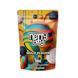 NottyBoy Wholesale Pack of 100 Condoms - Assortment of Mixed Delicious Fruit Flavored Condoms for Men | (Bubblegum | Green Apple | Chocolate | Tempting Strawberry and Banana) Safe for Oral Use