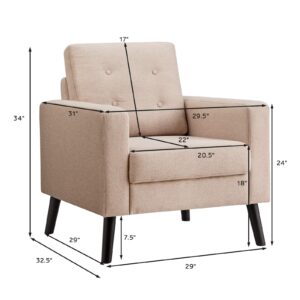 ReunionG Modern Accent, Mid Century Armchair W/Rubber Wood Legs, Linen Single Sofa W/Fabric Cushion, Upholstered Arm Chair for Living Room, Office, Bedroom (Beige)